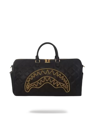 Bolsa de lona negra acolchada con cadena dorada y diseño de tiburón