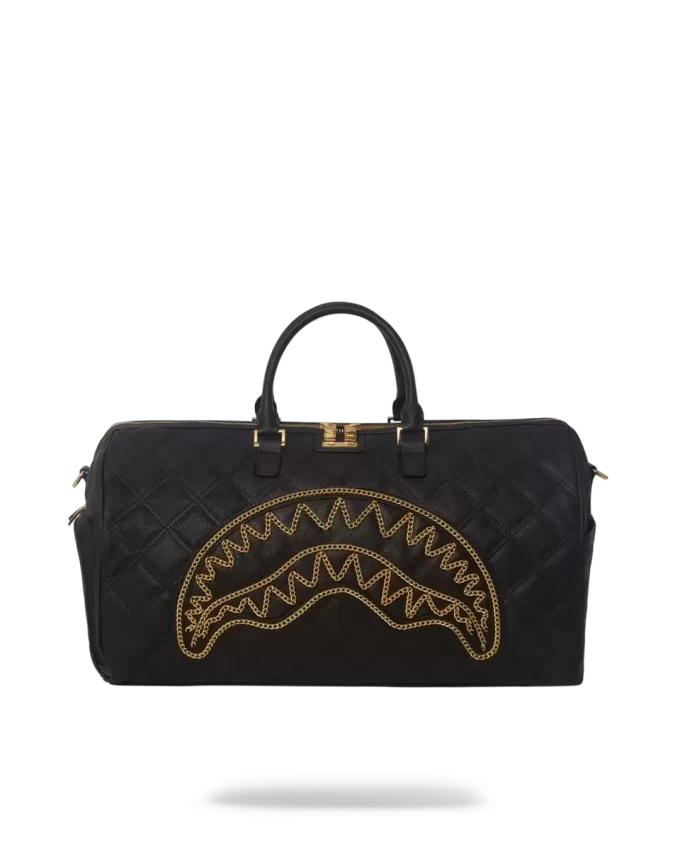 Bolsa de lona negra acolchada con cadena dorada y diseño de tiburón