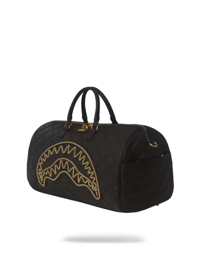 Bolsa de lona negra acolchada con cadena dorada y diseño de tiburón