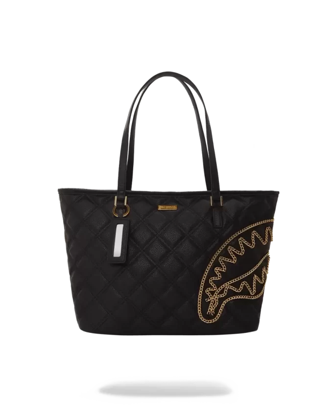 Bolso tote de tiburón con cadena dorada y acolchado negro Bolso tote de tiburón con cadena dorada y acolchado negro
