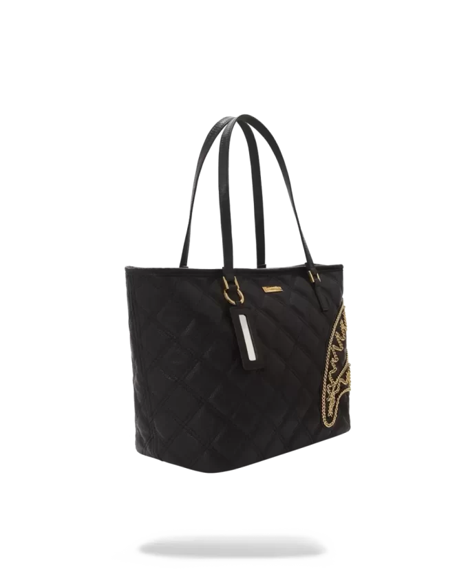 Bolso tote de tiburón con cadena dorada y acolchado negro Bolso tote de tiburón con cadena dorada y acolchado negro